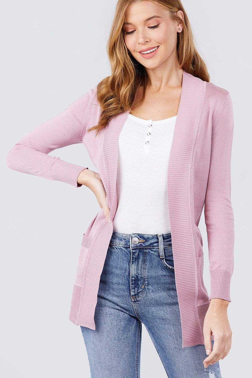 Blue Zone Planet |  Long Sleeve Rib Banded Open Sweater Cardigan With Pockets Blue Zone Planet