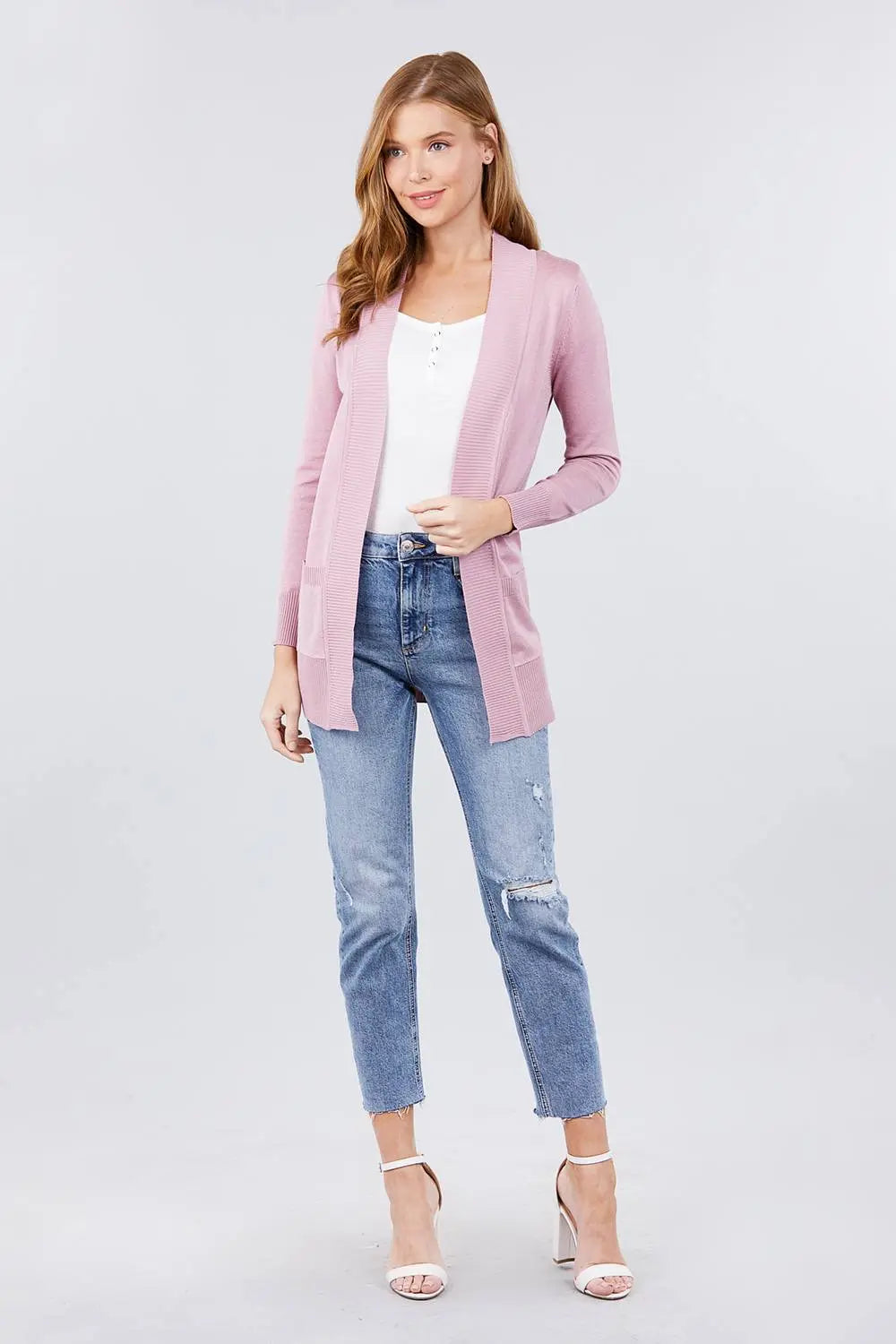 Blue Zone Planet |  Long Sleeve Rib Banded Open Sweater Cardigan With Pockets Blue Zone Planet