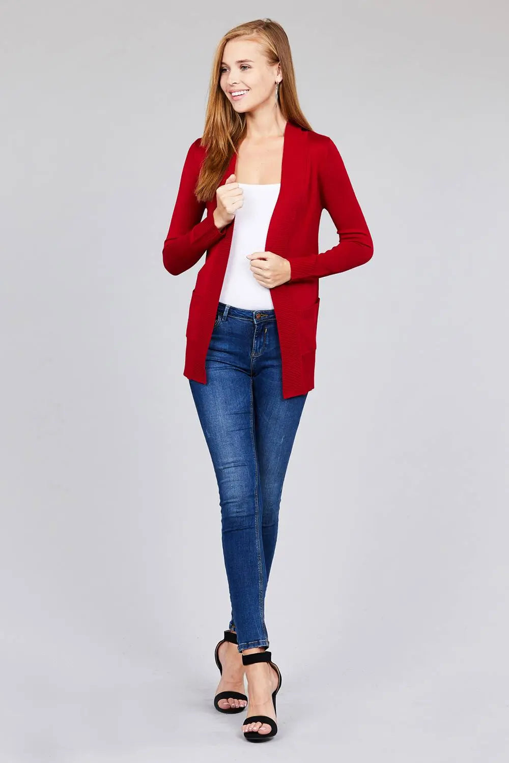 Blue Zone Planet |  Long Sleeve Rib Banded Open Sweater Cardigan With Pockets Blue Zone Planet