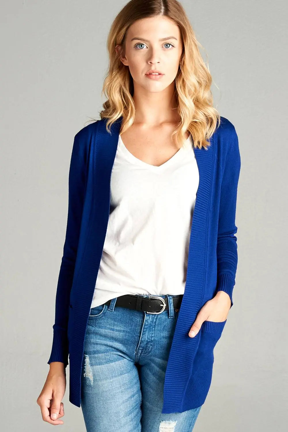 Blue Zone Planet |  Long Sleeve Rib Banded Open Sweater Cardigan With Pockets Blue Zone Planet