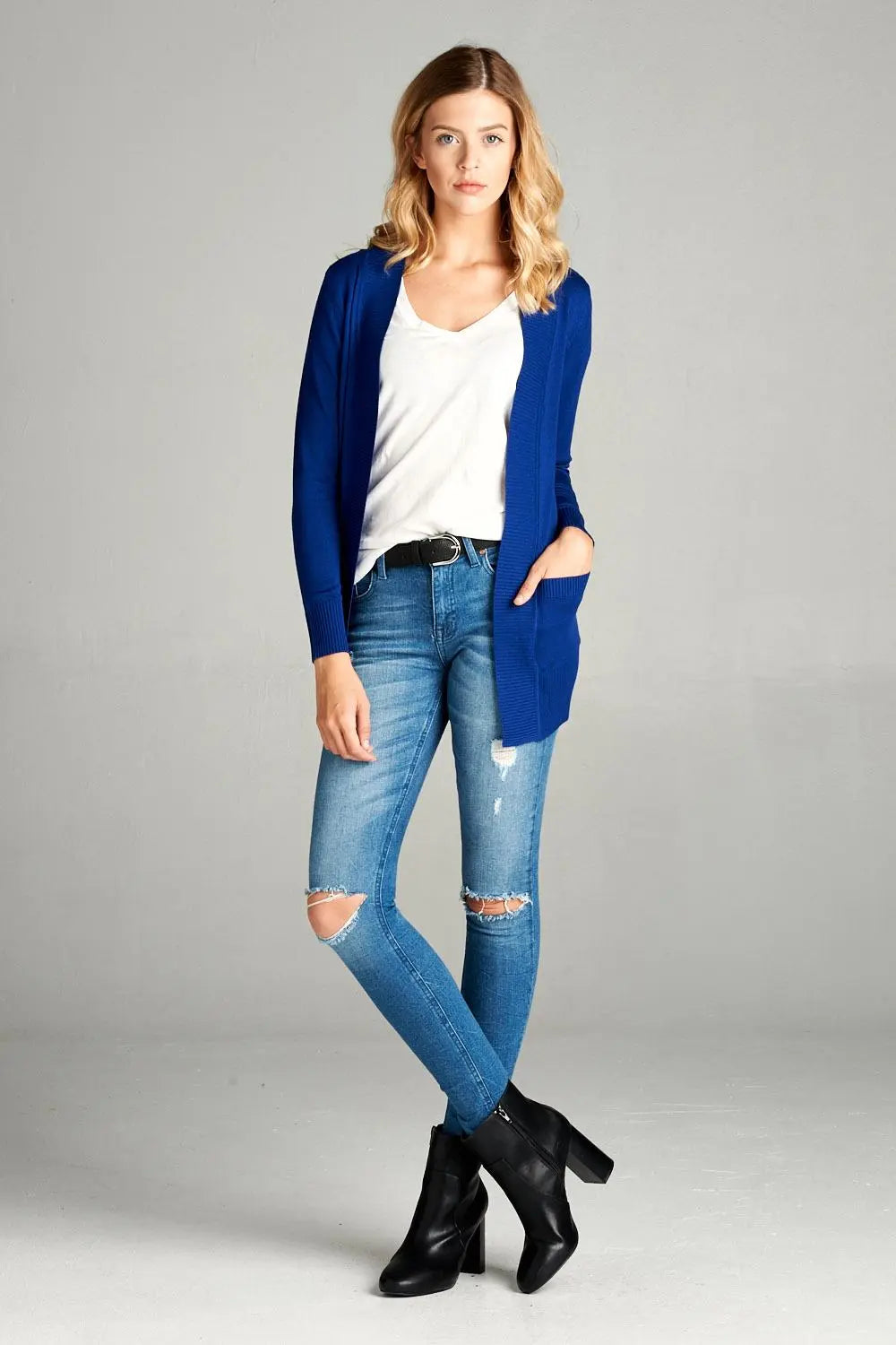 Blue Zone Planet |  Long Sleeve Rib Banded Open Sweater Cardigan With Pockets Blue Zone Planet