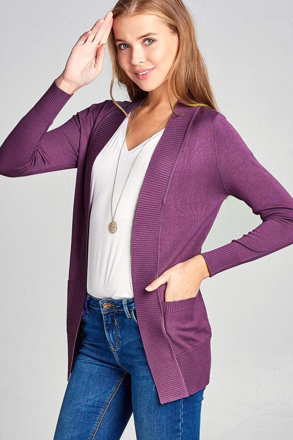 Blue Zone Planet |  Long Sleeve Rib Banded Open Sweater Cardigan With Pockets Blue Zone Planet