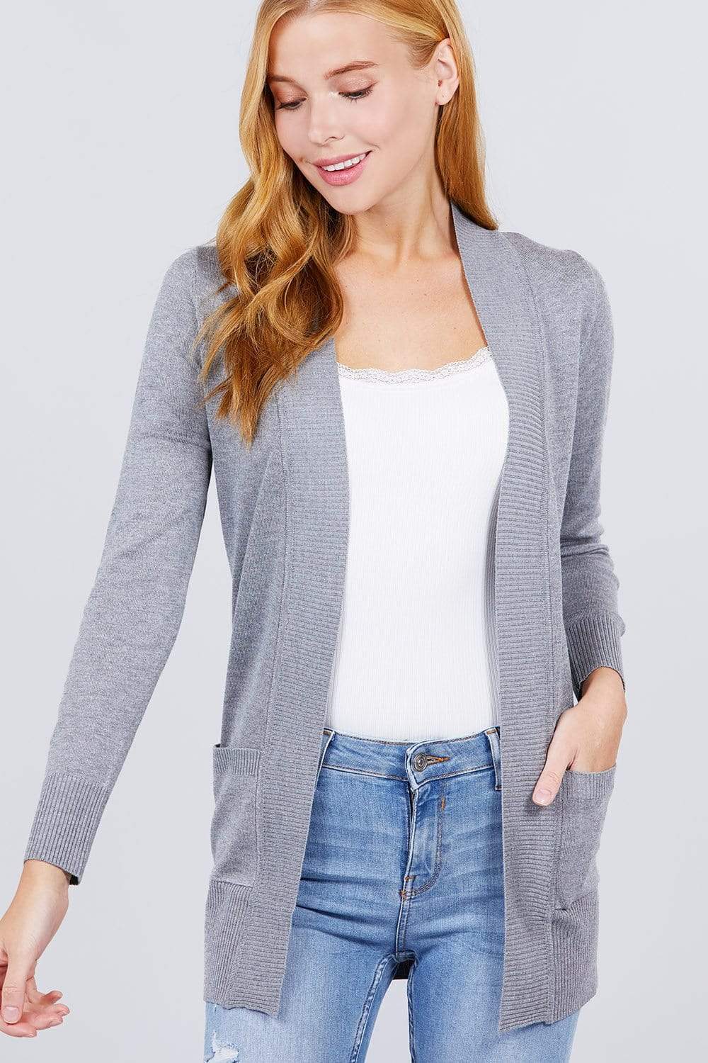 Blue Zone Planet |  Long Sleeve Rib Banded Open Sweater Cardigan With Pockets Blue Zone Planet