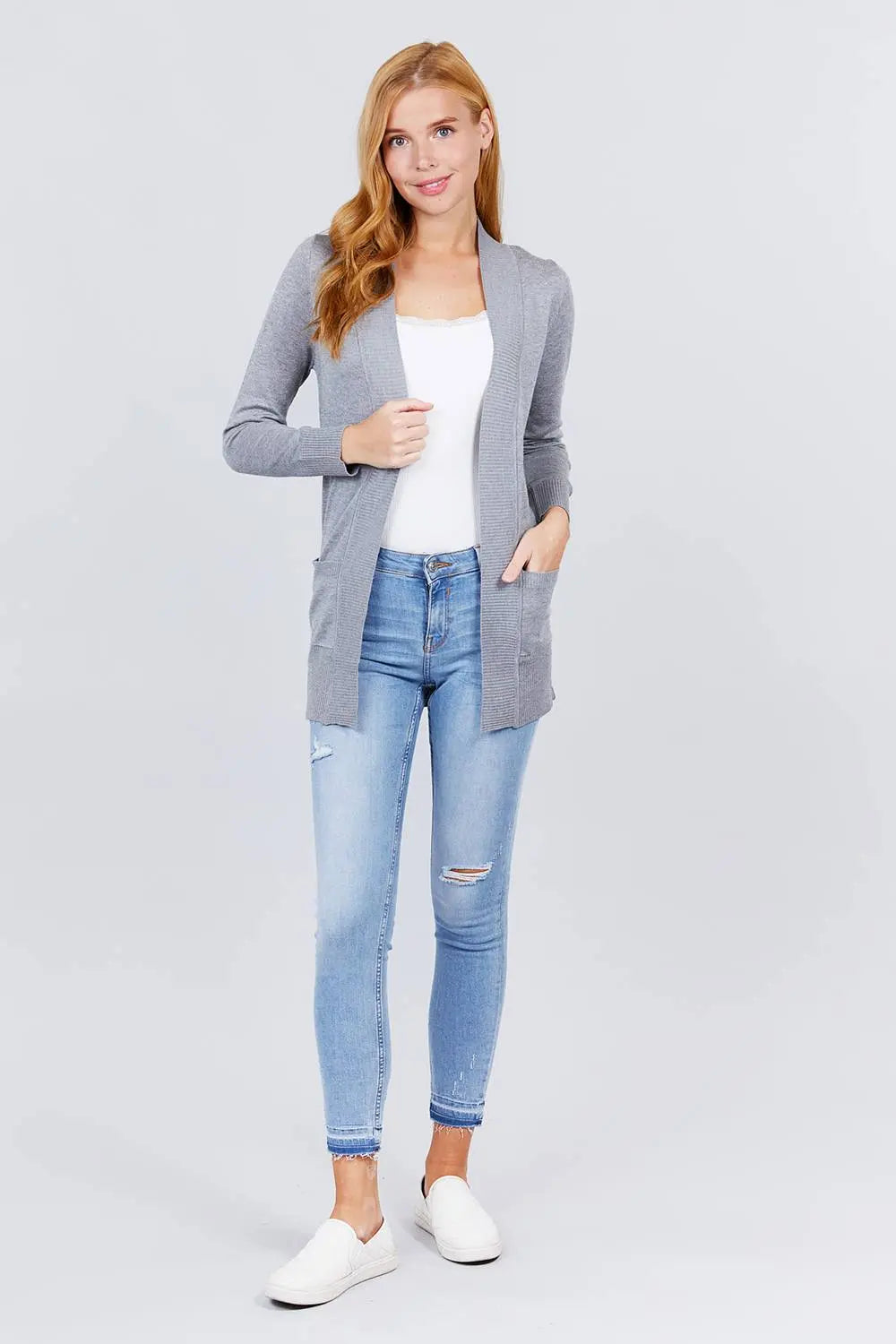Blue Zone Planet |  Long Sleeve Rib Banded Open Sweater Cardigan With Pockets Blue Zone Planet