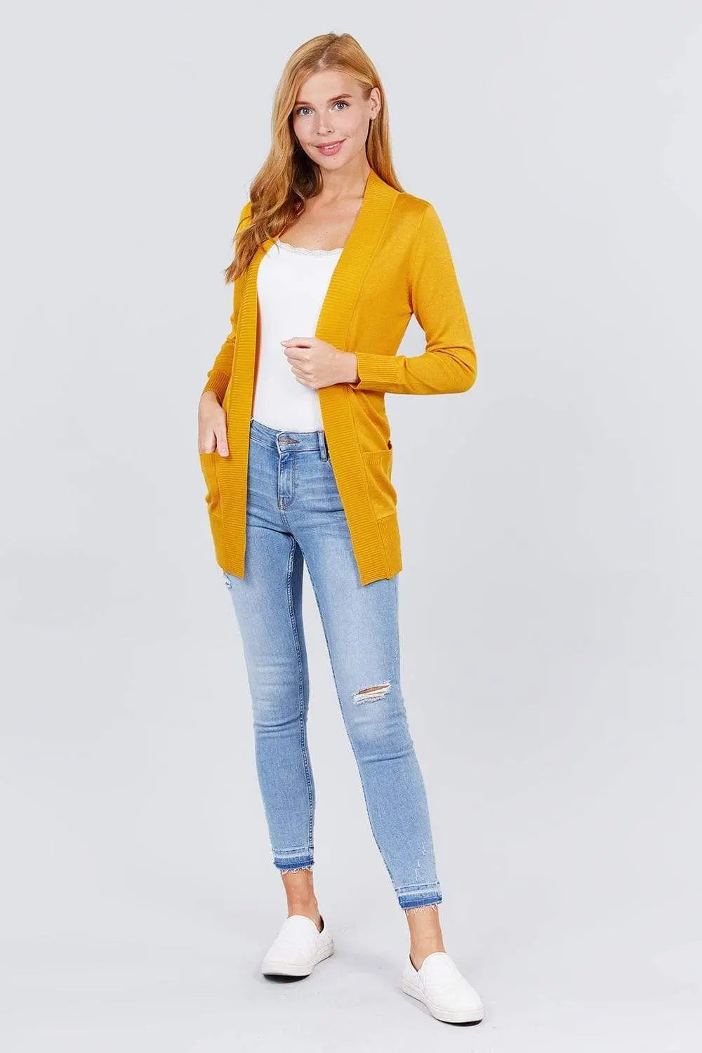 Blue Zone Planet |  Long Sleeve Rib Banded Open Sweater Cardigan With Pockets Blue Zone Planet