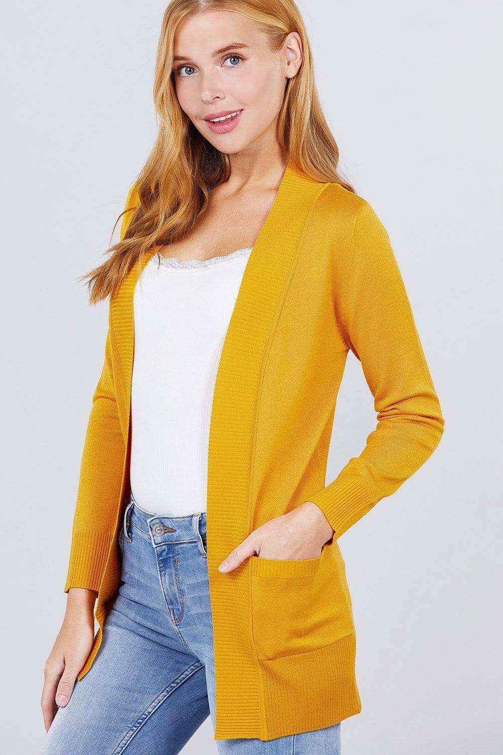 Blue Zone Planet |  Long Sleeve Rib Banded Open Sweater Cardigan With Pockets Blue Zone Planet