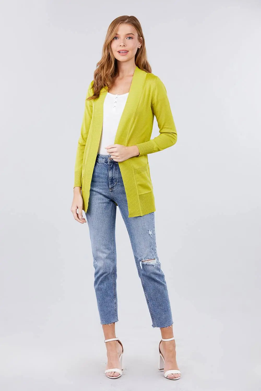 Blue Zone Planet |  Long Sleeve Rib Banded Open Sweater Cardigan With Pockets Blue Zone Planet