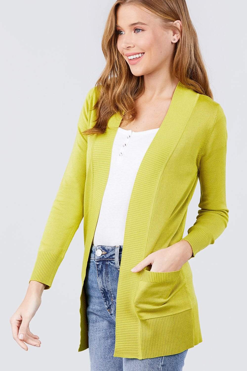 Blue Zone Planet |  Long Sleeve Rib Banded Open Sweater Cardigan With Pockets Blue Zone Planet