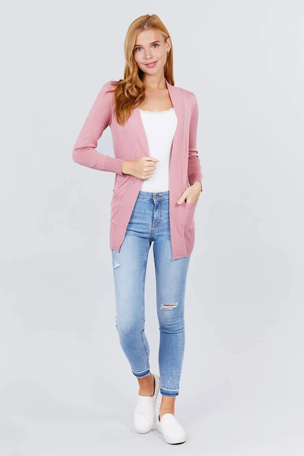 Blue Zone Planet |  Long Sleeve Rib Banded Open Sweater Cardigan With Pockets Blue Zone Planet