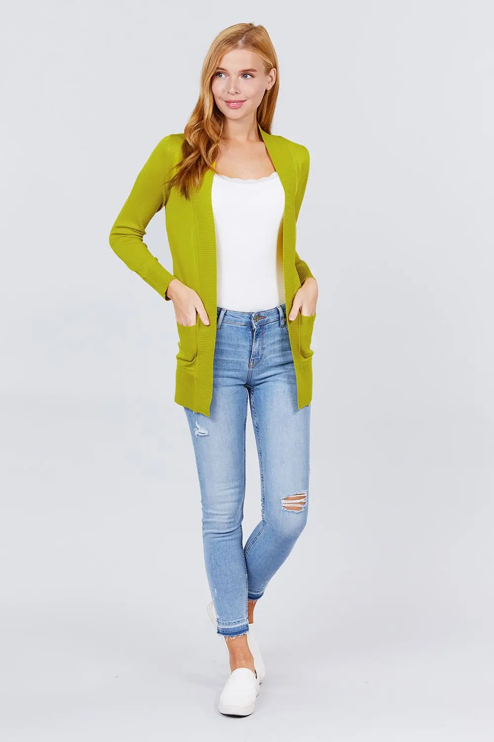 Blue Zone Planet |  Long Sleeve Rib Banded Open Sweater Cardigan With Pockets Blue Zone Planet
