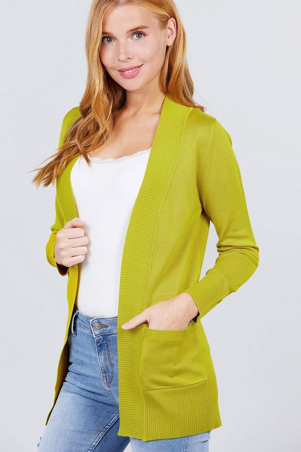 Blue Zone Planet |  Long Sleeve Rib Banded Open Sweater Cardigan With Pockets Blue Zone Planet