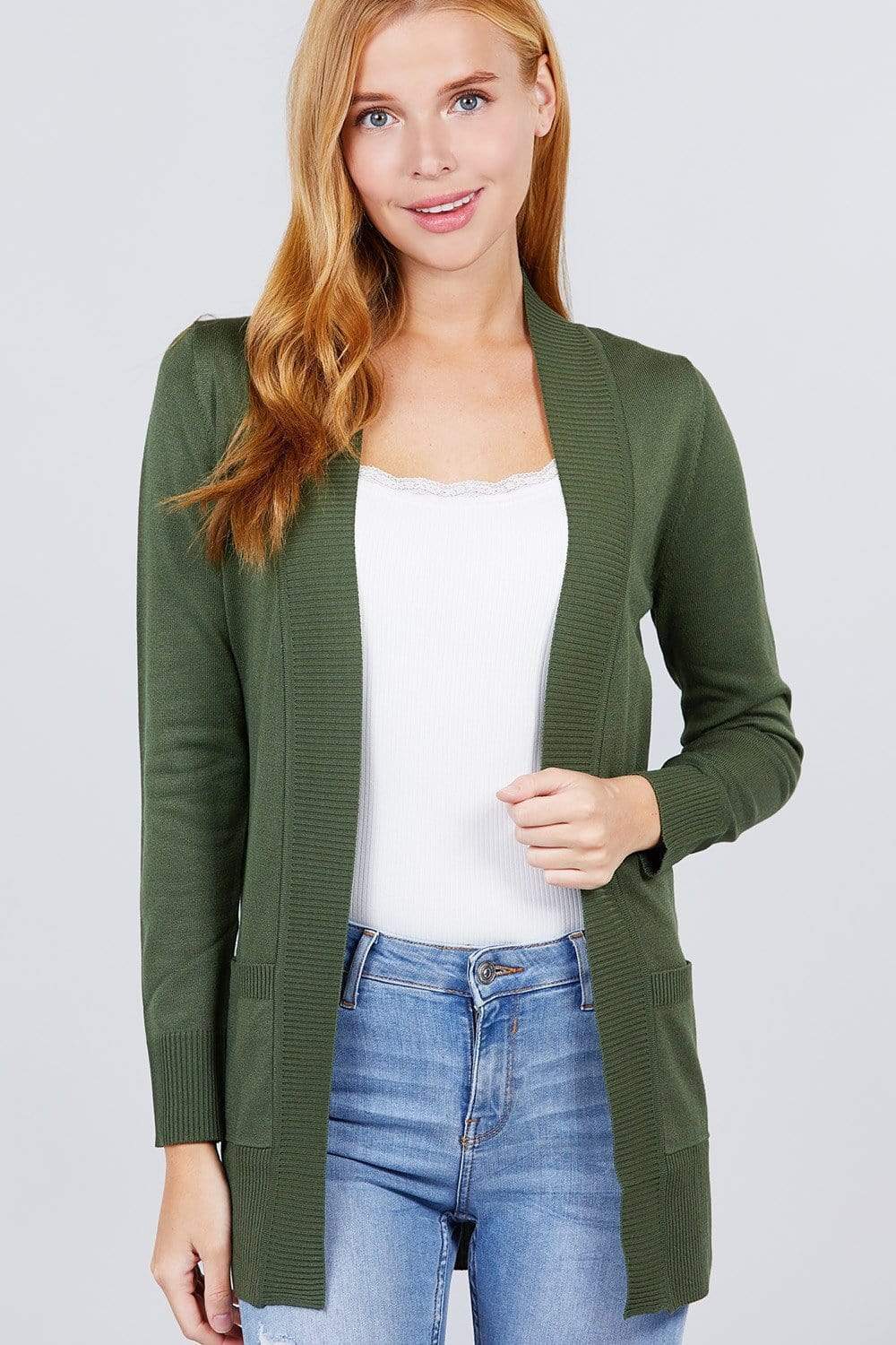 Blue Zone Planet |  Long Sleeve Rib Banded Open Sweater Cardigan With Pockets Blue Zone Planet