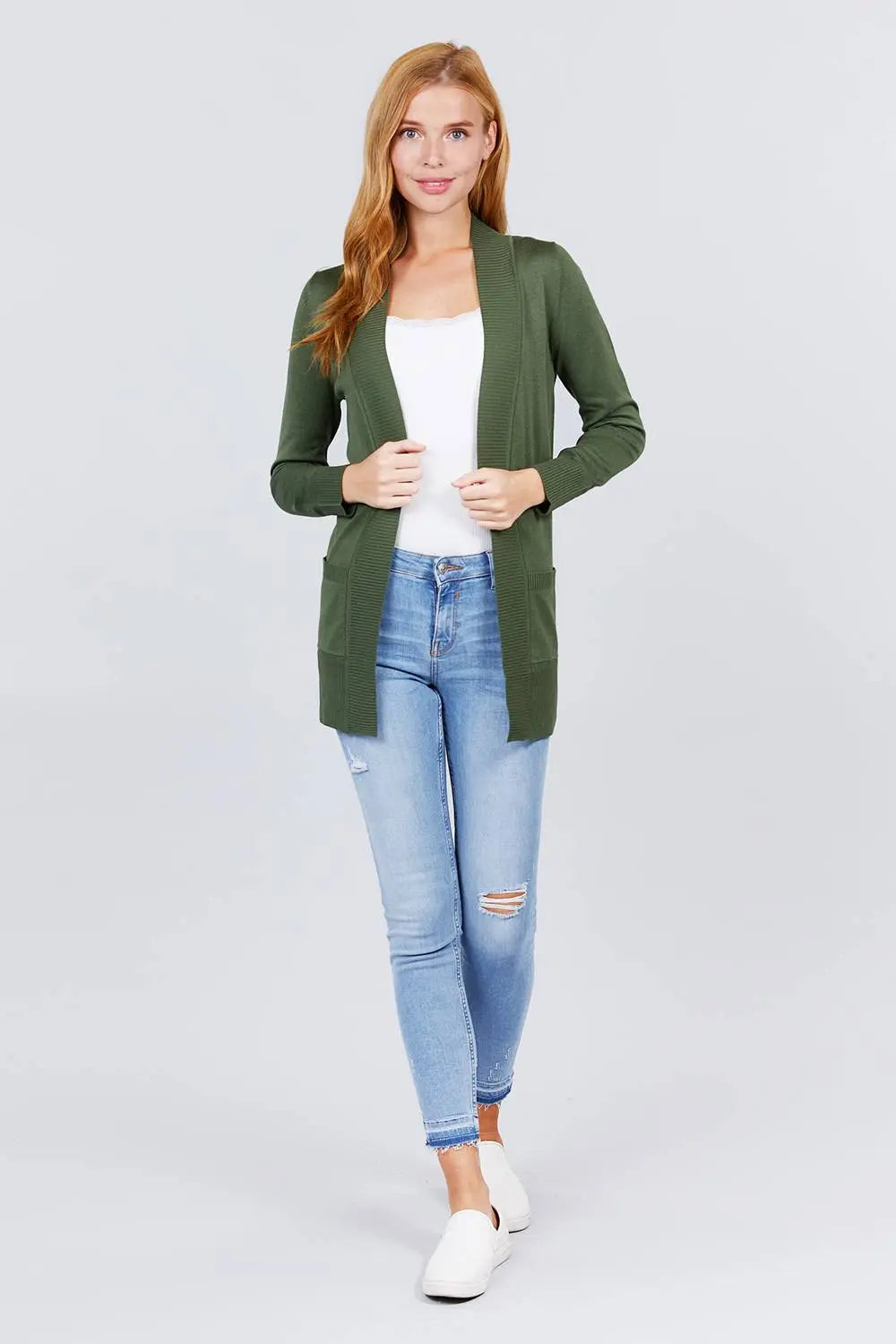 Blue Zone Planet |  Long Sleeve Rib Banded Open Sweater Cardigan With Pockets Blue Zone Planet