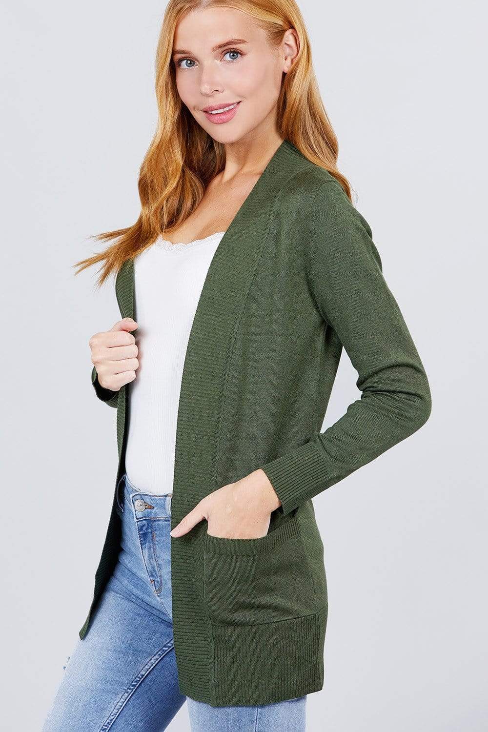 Blue Zone Planet |  Long Sleeve Rib Banded Open Sweater Cardigan With Pockets Blue Zone Planet