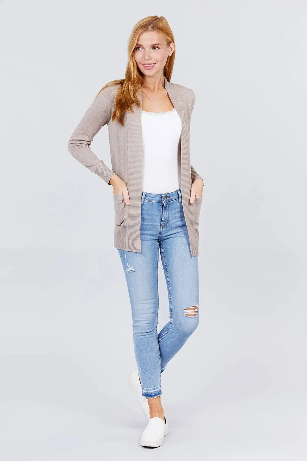 Blue Zone Planet |  Long Sleeve Rib Banded Open Sweater Cardigan With Pockets Blue Zone Planet