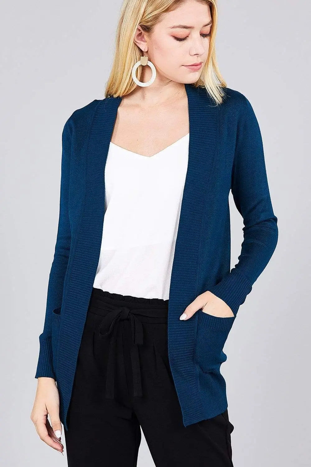 Blue Zone Planet |  Long Sleeve Rib Banded Open Sweater Cardigan With Pockets Blue Zone Planet