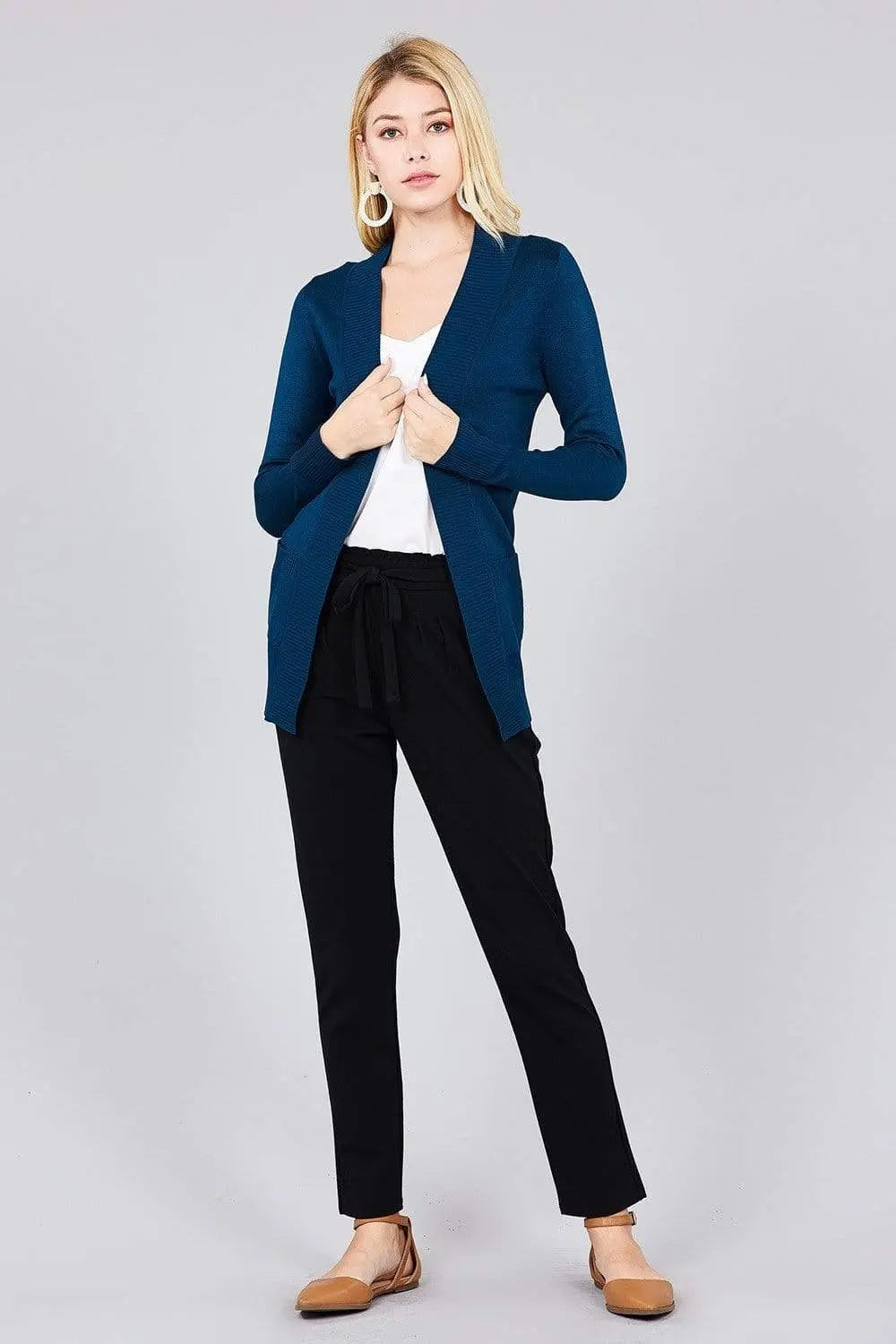 Blue Zone Planet |  Long Sleeve Rib Banded Open Sweater Cardigan With Pockets Blue Zone Planet
