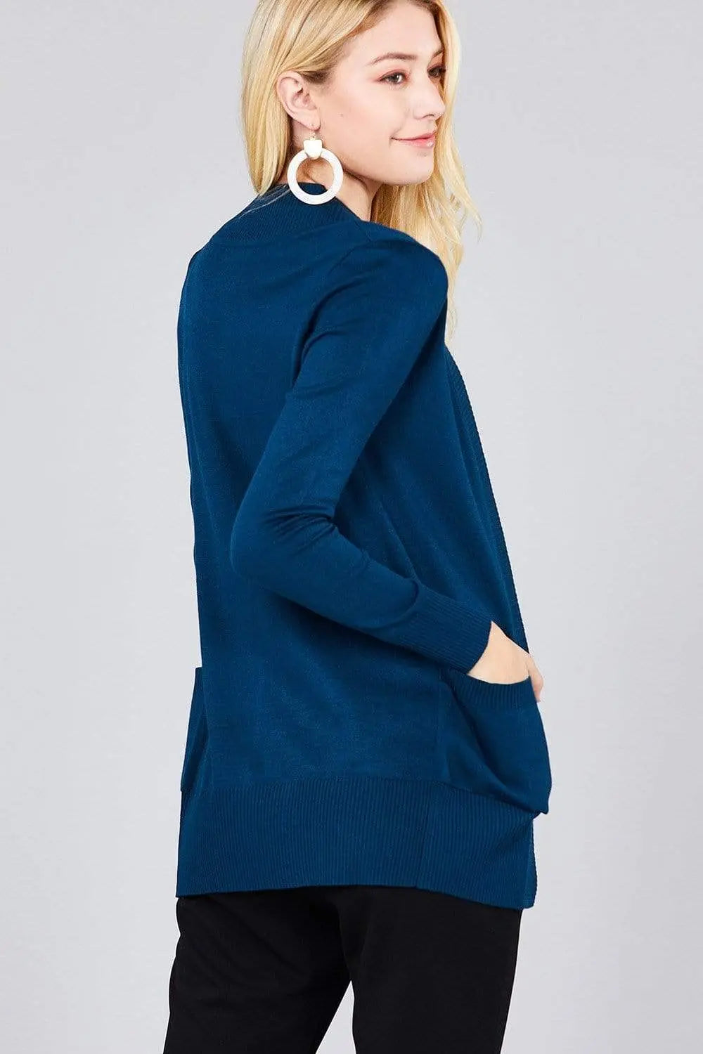 Blue Zone Planet |  Long Sleeve Rib Banded Open Sweater Cardigan With Pockets Blue Zone Planet