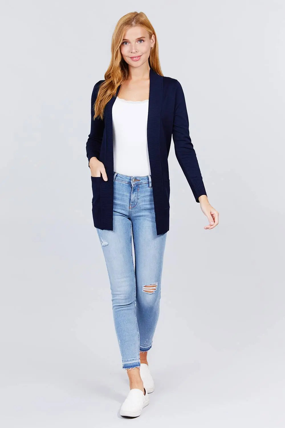 Blue Zone Planet |  Long Sleeve Rib Banded Open Sweater Cardigan With Pockets Blue Zone Planet