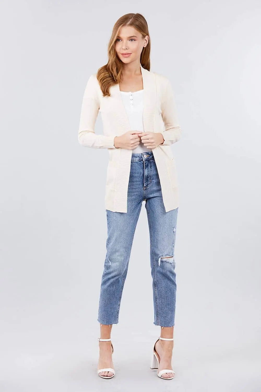 Blue Zone Planet |  Long Sleeve Rib Banded Open Sweater Cardigan With Pockets Blue Zone Planet