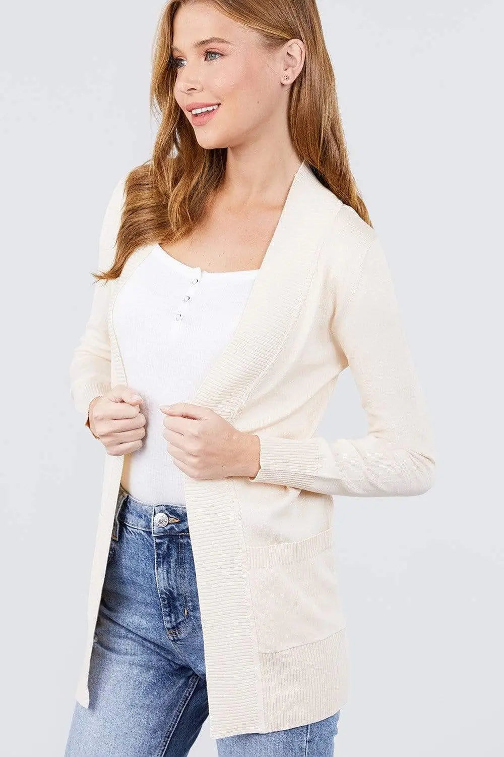Blue Zone Planet |  Long Sleeve Rib Banded Open Sweater Cardigan With Pockets Blue Zone Planet