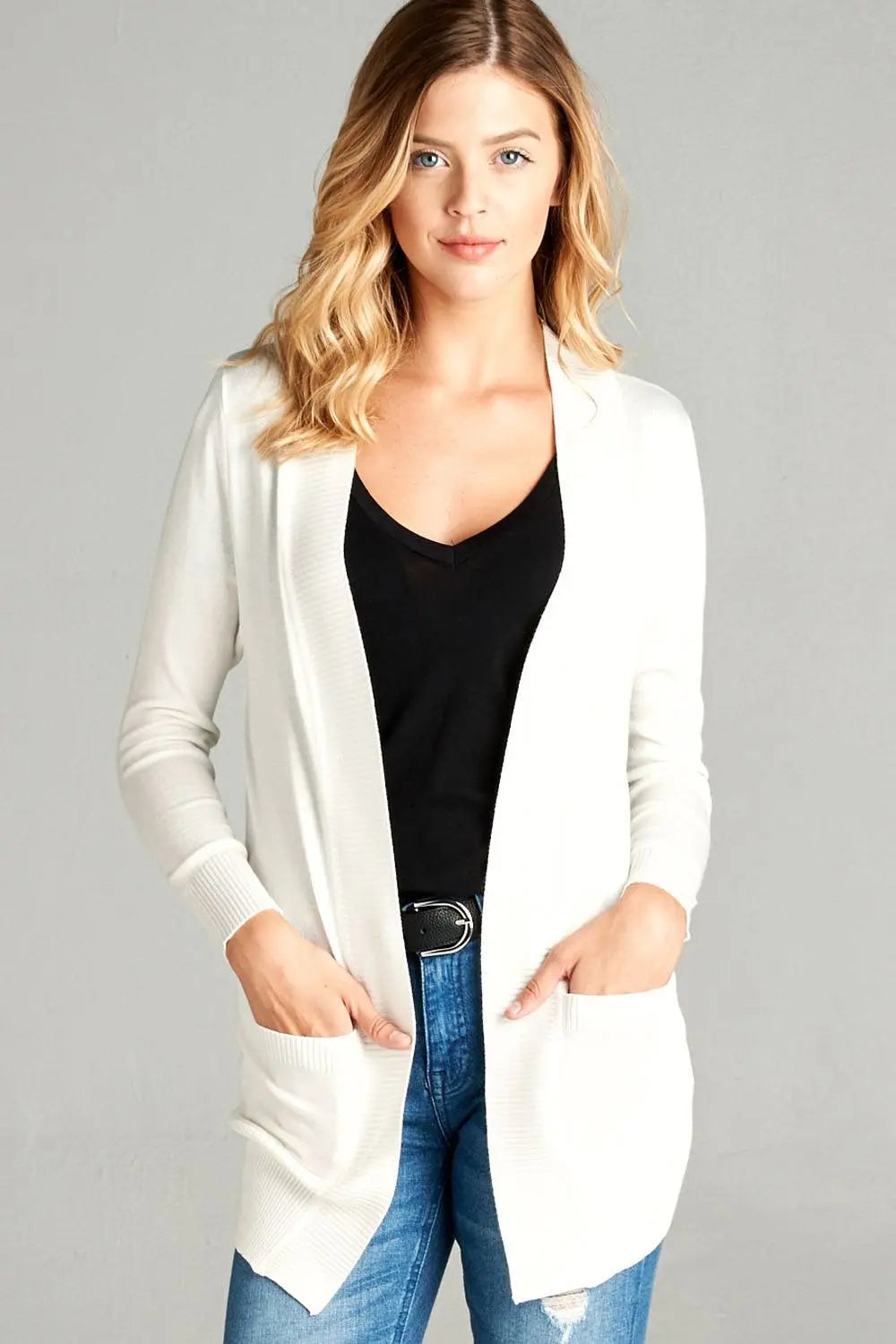 Blue Zone Planet |  Long Sleeve Rib Banded Open Sweater Cardigan With Pockets Blue Zone Planet