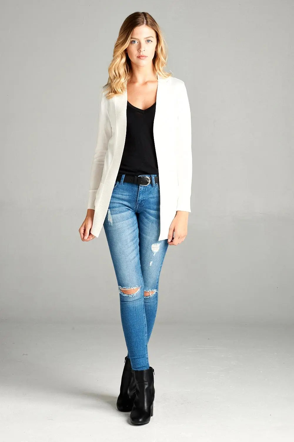 Blue Zone Planet |  Long Sleeve Rib Banded Open Sweater Cardigan With Pockets Blue Zone Planet