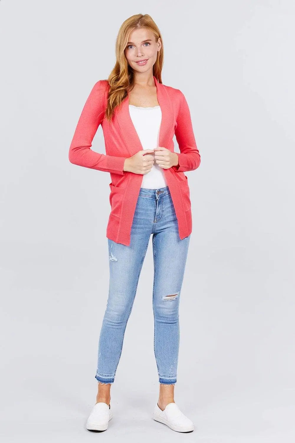Blue Zone Planet |  Long Sleeve Rib Banded Open Sweater Cardigan With Pockets Blue Zone Planet