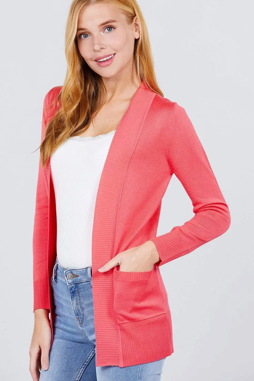 Blue Zone Planet |  Long Sleeve Rib Banded Open Sweater Cardigan With Pockets Blue Zone Planet