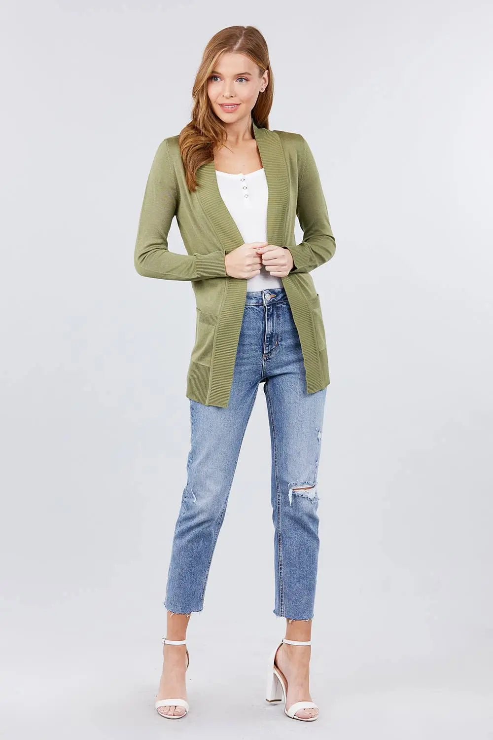 Blue Zone Planet |  Long Sleeve Rib Banded Open Sweater Cardigan With Pockets Blue Zone Planet