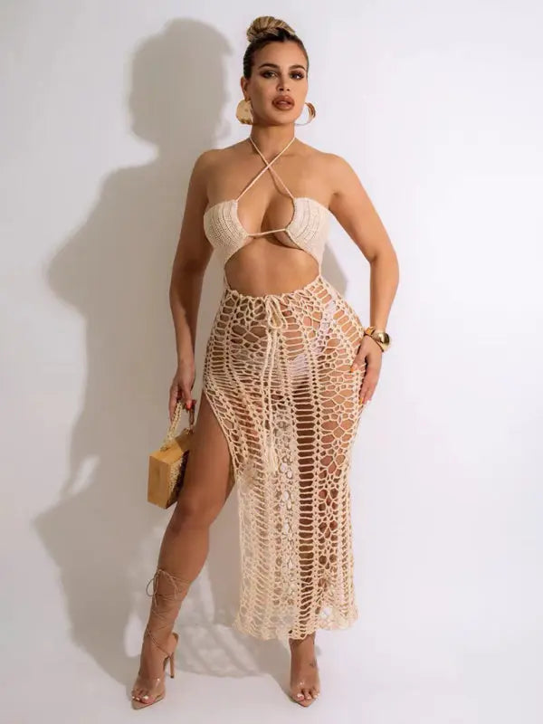 Blue Zone Planet |  Long fringed stretch side slit spaghetti strap beach skirt BLUE ZONE PLANET