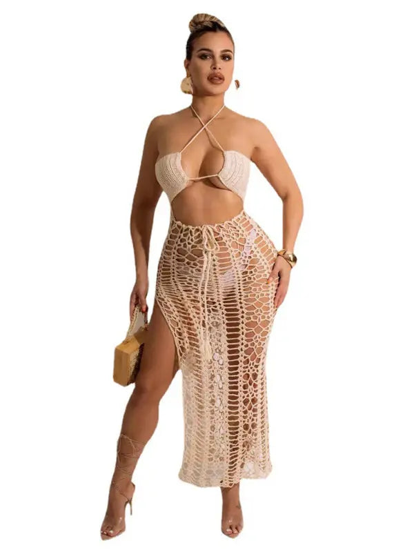 Blue Zone Planet |  Long fringed stretch side slit spaghetti strap beach skirt BLUE ZONE PLANET