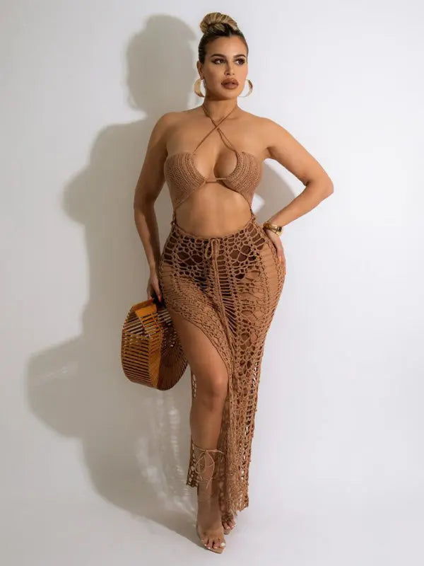 Blue Zone Planet |  Long fringed stretch side slit spaghetti strap beach skirt BLUE ZONE PLANET