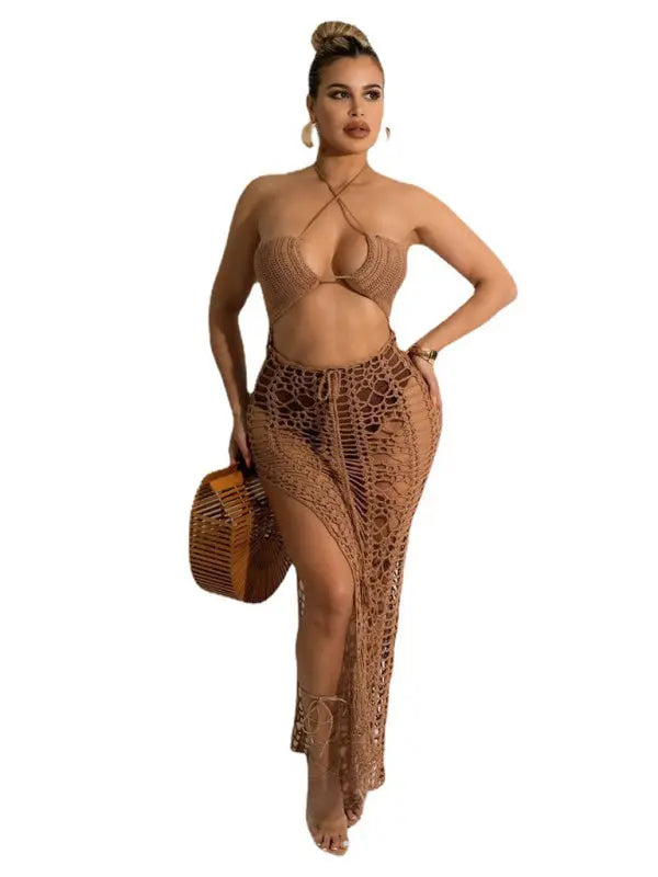 Blue Zone Planet |  Long fringed stretch side slit spaghetti strap beach skirt BLUE ZONE PLANET