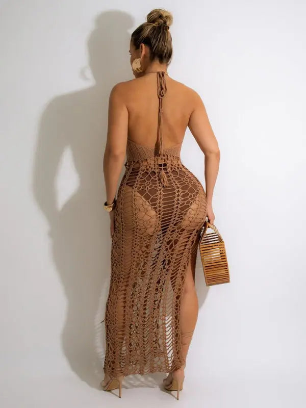 Blue Zone Planet |  Long fringed stretch side slit spaghetti strap beach skirt BLUE ZONE PLANET