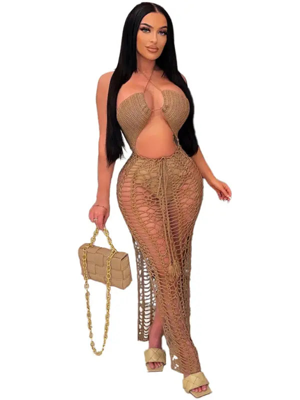 Blue Zone Planet |  Long fringed stretch side slit spaghetti strap beach skirt BLUE ZONE PLANET
