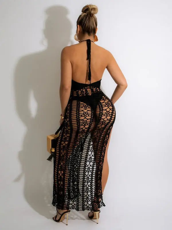 Blue Zone Planet |  Long fringed stretch side slit spaghetti strap beach skirt BLUE ZONE PLANET