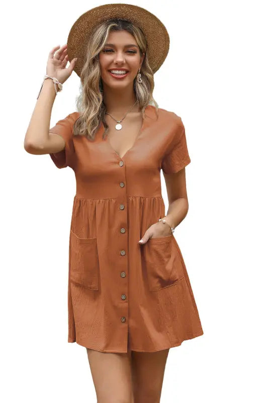 Blue Zone Planet |  Loose Shirt Dress V-Neck Short Sleeve Pleated Cotton Linen Dress BLUE ZONE PLANET
