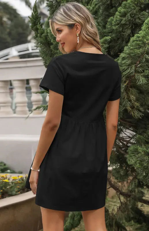 Blue Zone Planet |  Loose Shirt Dress V-Neck Short Sleeve Pleated Cotton Linen Dress BLUE ZONE PLANET