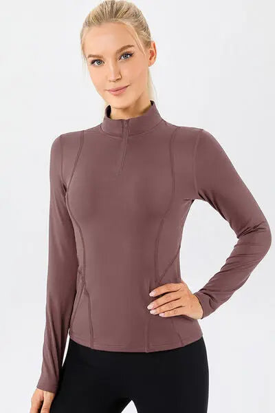 Blue Zone Planet |  Mock Neck Quarter Zip Active T-Shirt BLUE ZONE PLANET