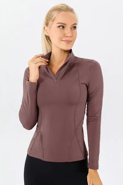 Blue Zone Planet |  Mock Neck Quarter Zip Active T-Shirt BLUE ZONE PLANET