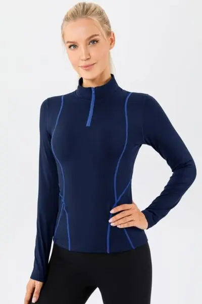 Blue Zone Planet |  Mock Neck Quarter Zip Active T-Shirt BLUE ZONE PLANET