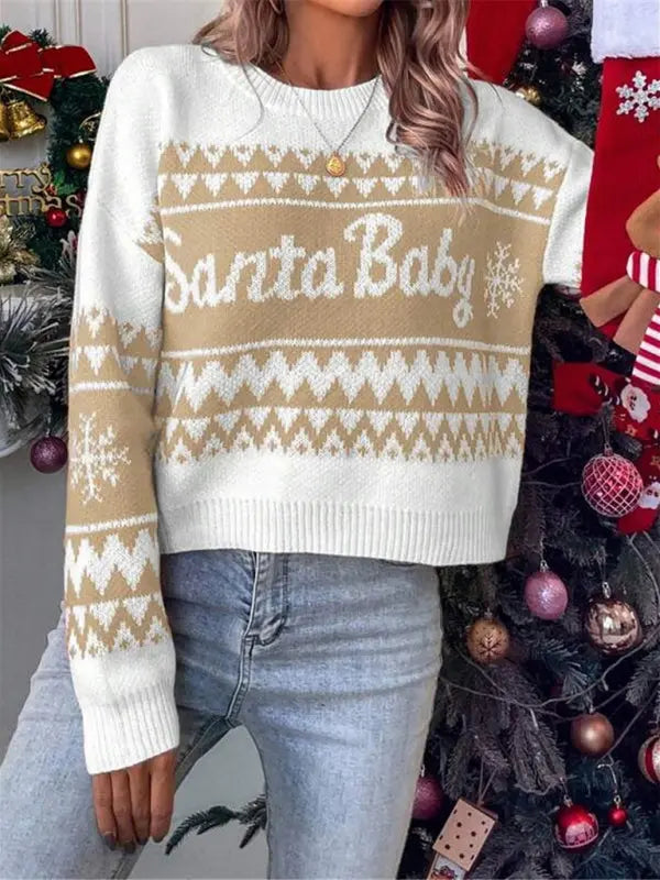 Blue Zone Planet |  New loose, simple and versatile round neck knitted pullover Christmas sweater BLUE ZONE PLANET