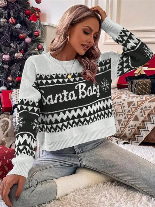 Blue Zone Planet |  New loose, simple and versatile round neck knitted pullover Christmas sweater BLUE ZONE PLANET