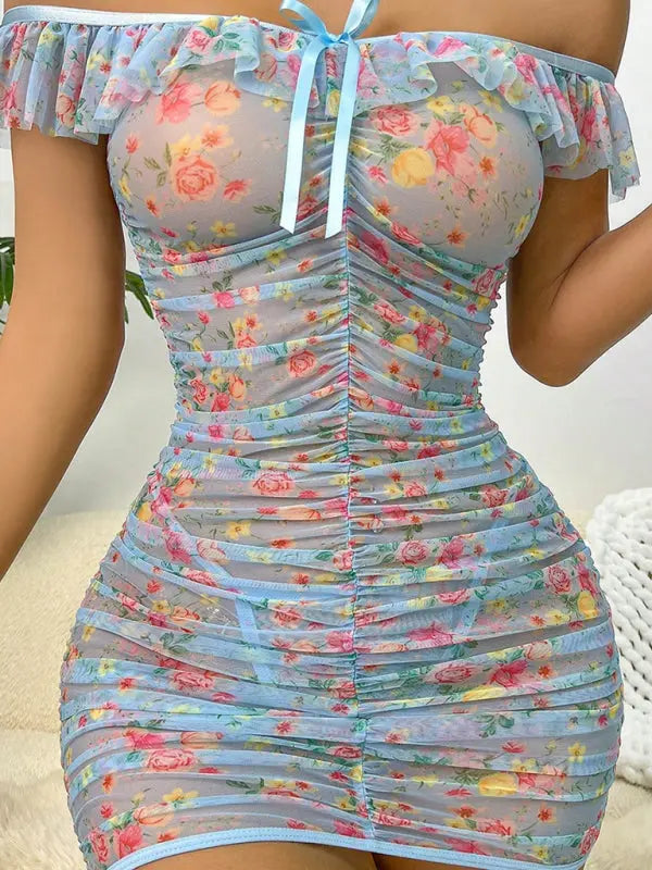 Blue Zone Planet |  New women's see-through sexy floral pleated nightgown suit BLUE ZONE PLANET