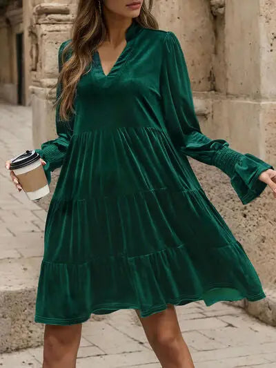 Blue Zone Planet |  Notched Long Sleeve Tiered Dress BLUE ZONE PLANET