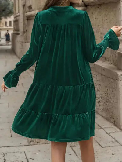 Blue Zone Planet |  Notched Long Sleeve Tiered Dress BLUE ZONE PLANET