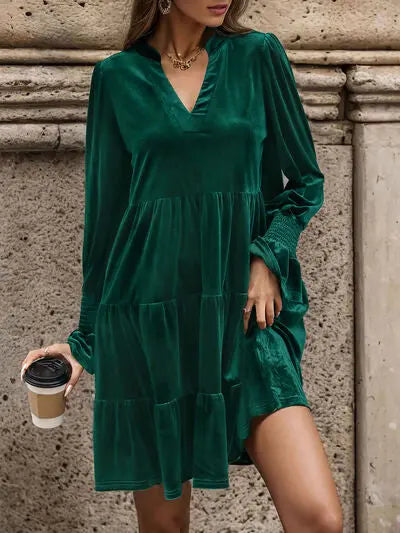 Blue Zone Planet |  Notched Long Sleeve Tiered Dress BLUE ZONE PLANET