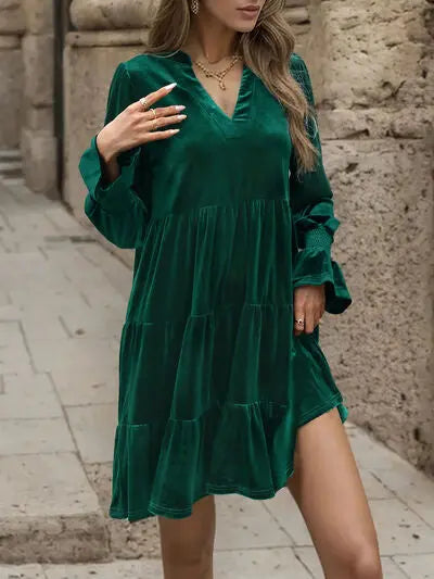 Blue Zone Planet |  Notched Long Sleeve Tiered Dress BLUE ZONE PLANET