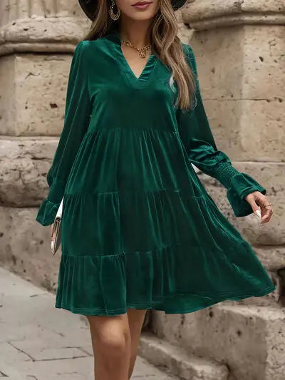 Blue Zone Planet |  Notched Long Sleeve Tiered Dress BLUE ZONE PLANET